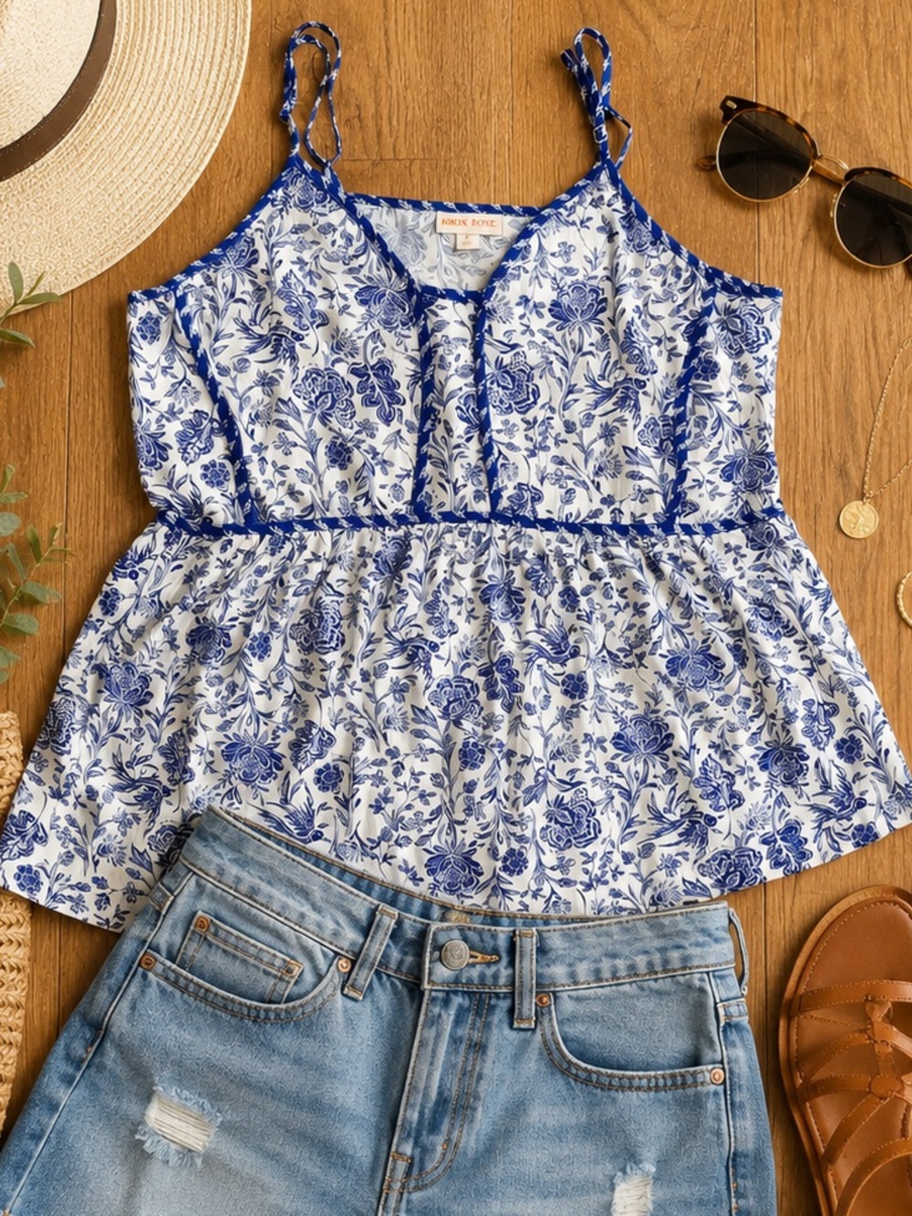 Knox Rose Blue and White Floral Peplum Tank Top